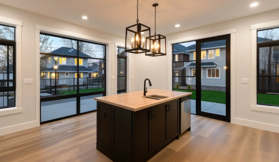 Modern kitchen remodel with black island and butcher block countertop showing kitchen remodel cost in Ventura County