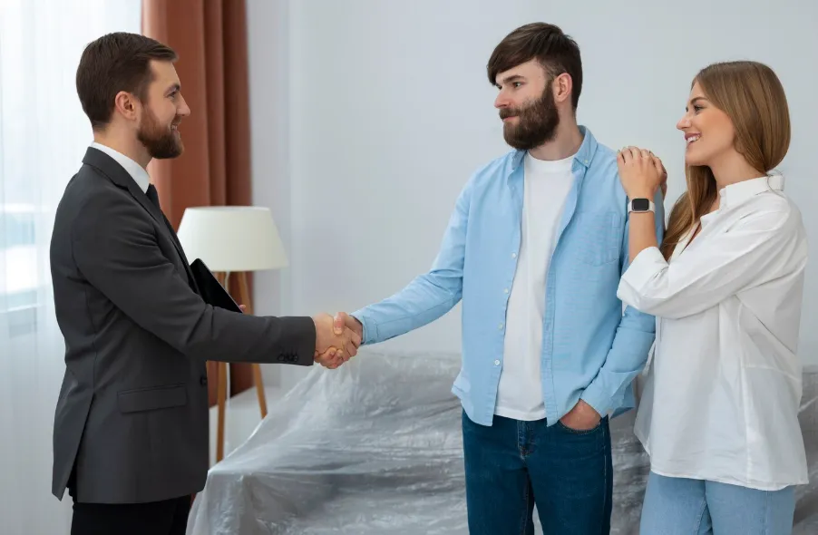 Contractor shaking hands with homeowners after reviewing ADU cost in Los Angeles