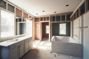 Bathroom under construction with exposed wall framing and new tub surround, the stage where costly bathroom remodel mistakes happen