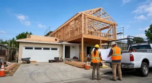 Contractors reviewing plans in front of second story framing over a garage, one way to add square footage to your home