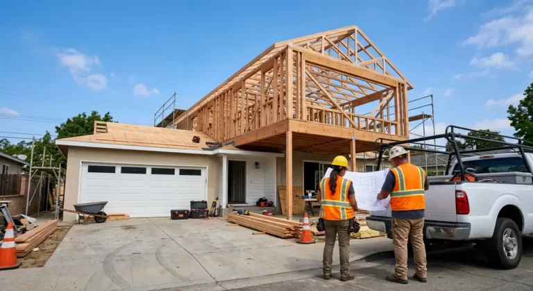 Contractors reviewing plans in front of second story framing over a garage, one way to add square footage to your home