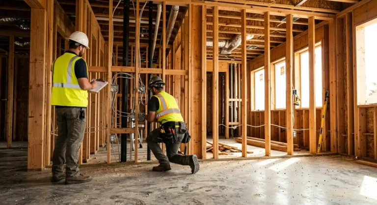 General contractor with a clipboard overseeing electrical rough in inside open wall framing, a sign of how to choose a general contractor who manages the job